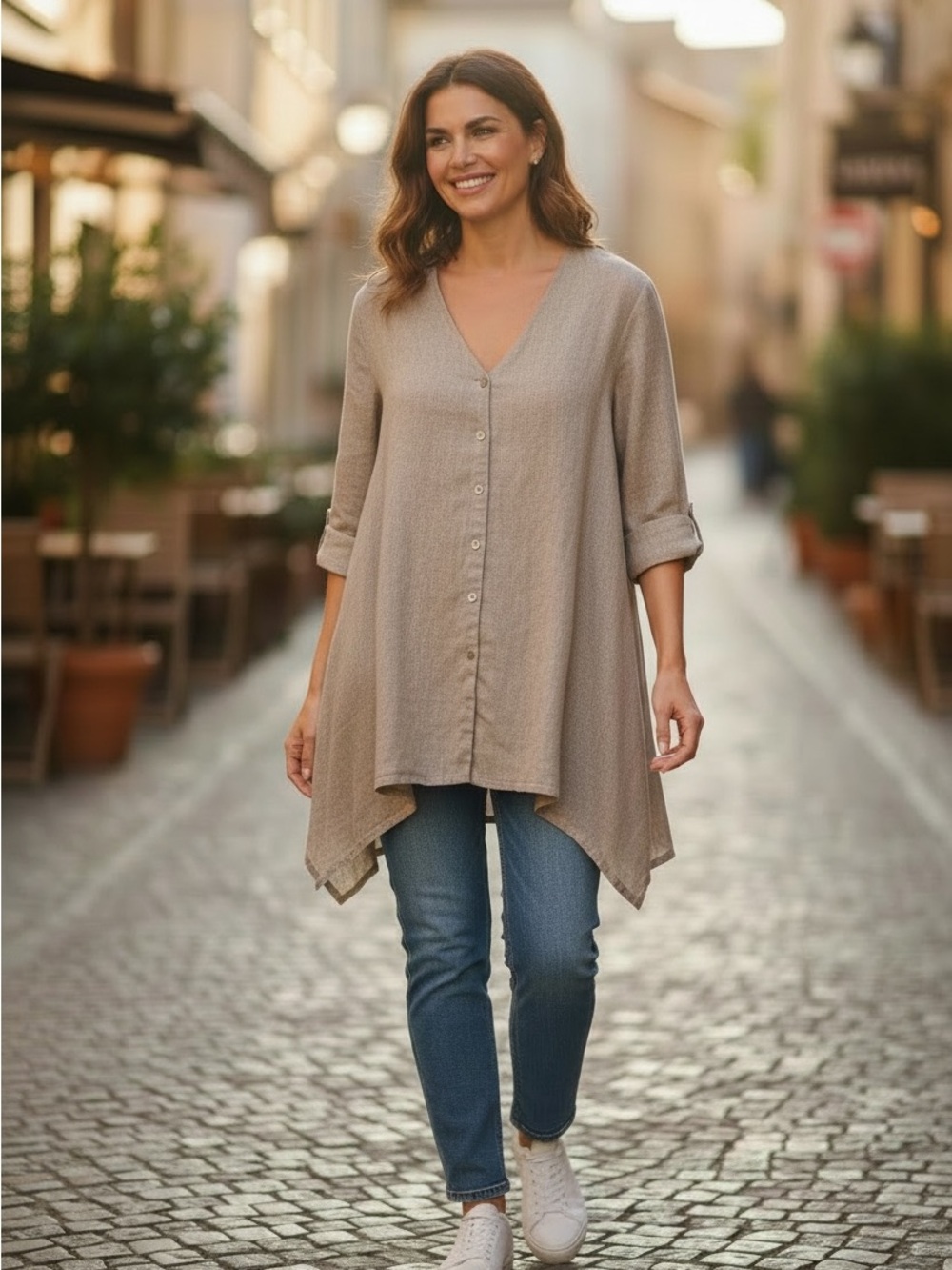 bryn Walker Taupe Button-Front Relaxed V-Neck Top 100% linen